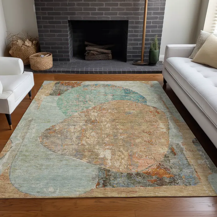 9' X 12' Teal Blue And Copper Abstract Washable Indoor Outdoor Area Rug