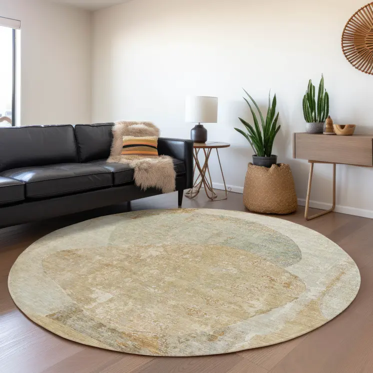 8' Taupe And Beige Round Abstract Washable Indoor Outdoor Area Rug