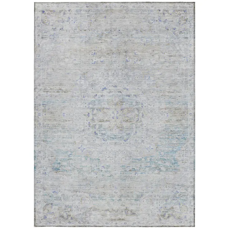 3' X 5' Beige And Blue Medallion Washable Indoor Outdoor Area Rug