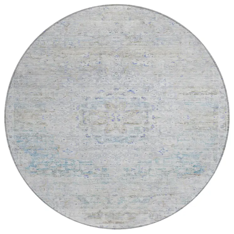 8' Beige And Blue Round Medallion Washable Indoor Outdoor Area Rug