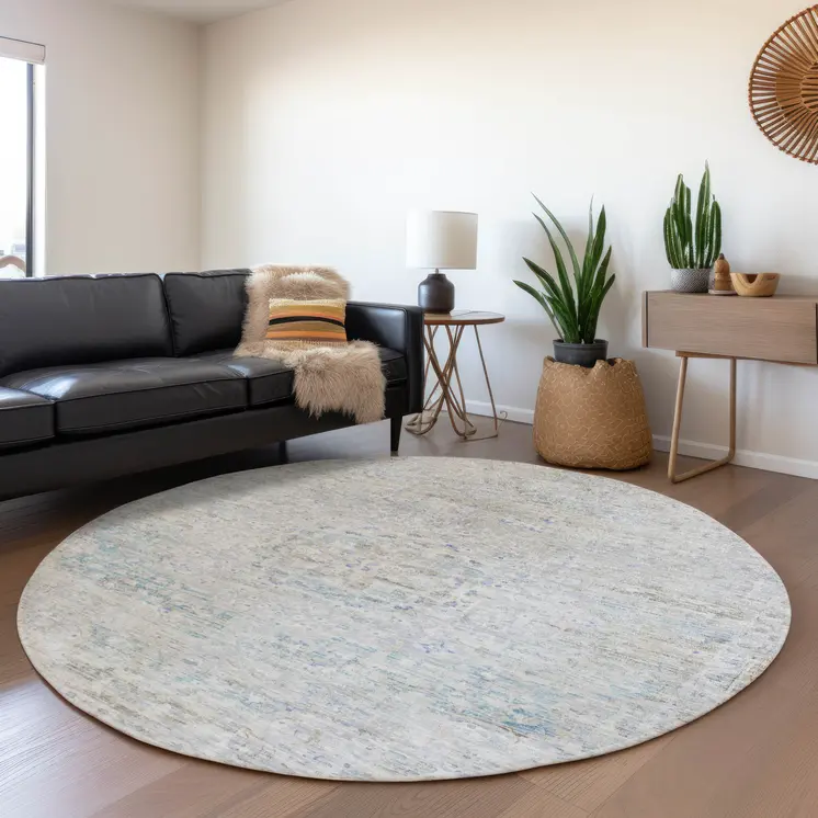 8' Beige And Blue Round Medallion Washable Indoor Outdoor Area Rug