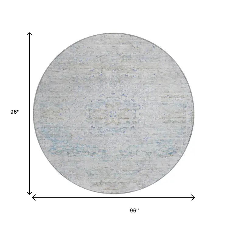 8' Beige And Blue Round Medallion Washable Indoor Outdoor Area Rug
