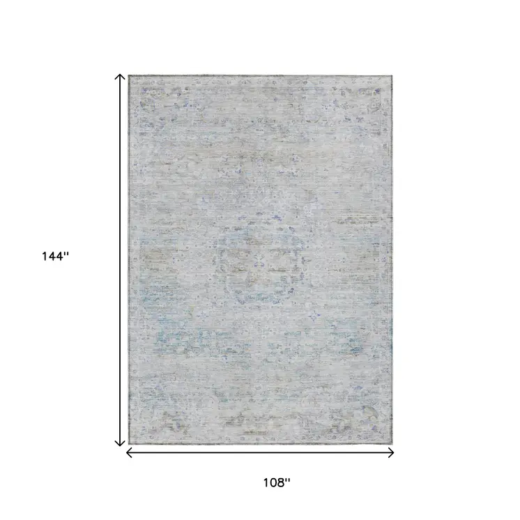 9' X 12' Beige And Blue Medallion Washable Indoor Outdoor Area Rug