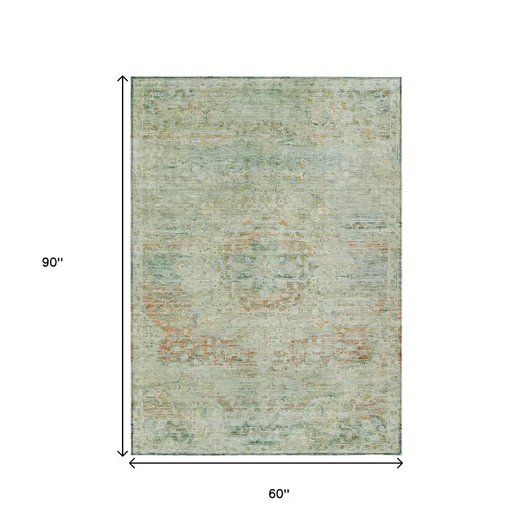 5' X 8' Sage And Copper Medallion Washable Indoor Outdoor Area Rug