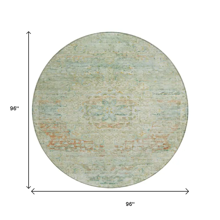 8' Sage And Copper Round Medallion Washable Indoor Outdoor Area Rug