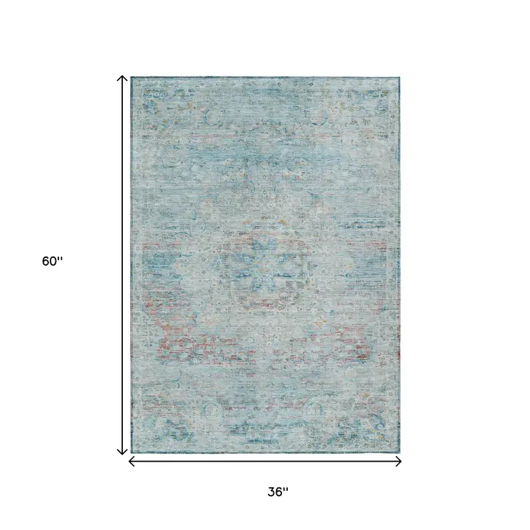 3' X 5' Sky Blue And Blush Medallion Washable Indoor Outdoor Area Rug
