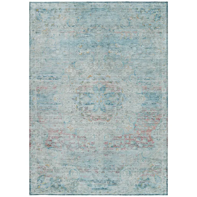8' X 10' Sky Blue And Blush Medallion Washable Indoor Outdoor Area Rug