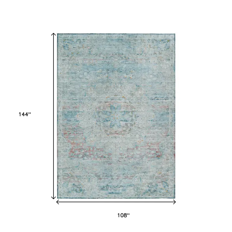 9' X 12' Sky Blue And Blush Medallion Washable Indoor Outdoor Area Rug