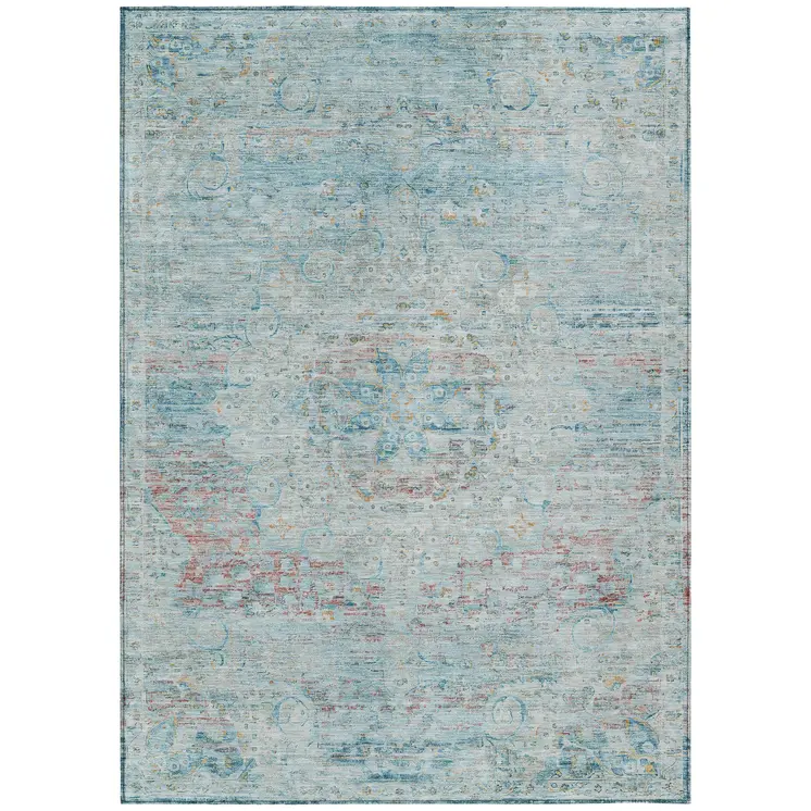 9' X 12' Sky Blue And Blush Medallion Washable Indoor Outdoor Area Rug