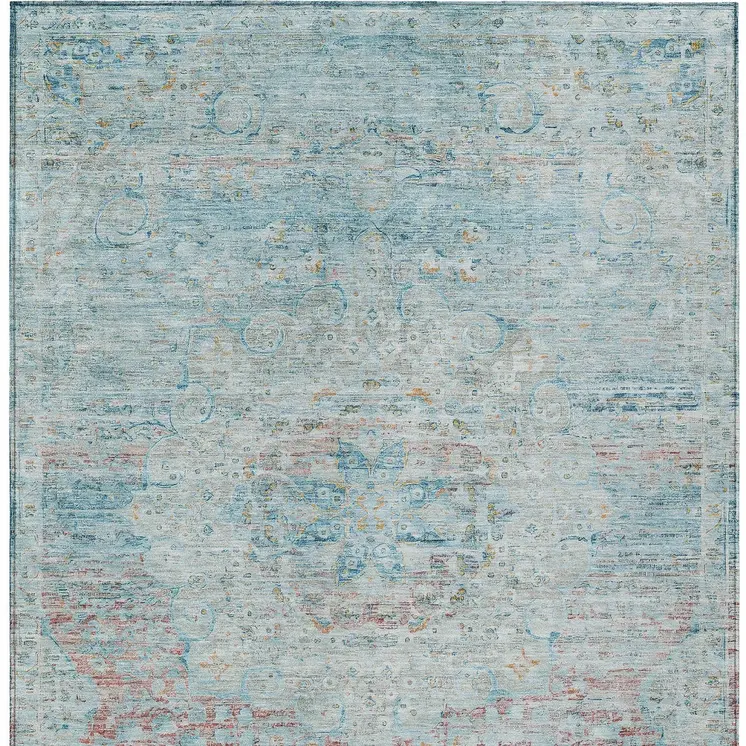 9' X 12' Sky Blue And Blush Medallion Washable Indoor Outdoor Area Rug