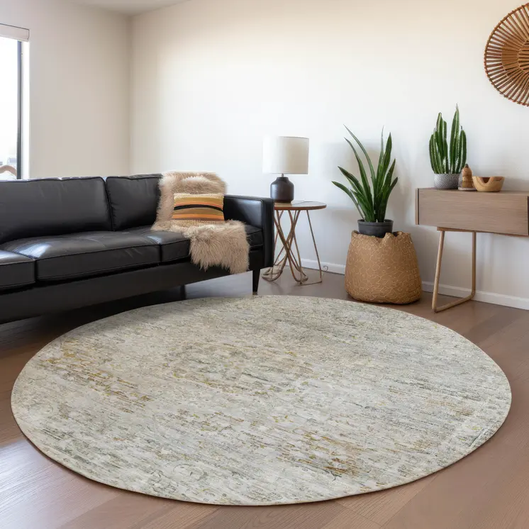 8' Taupe And Beige Round Medallion Washable Indoor Outdoor Area Rug