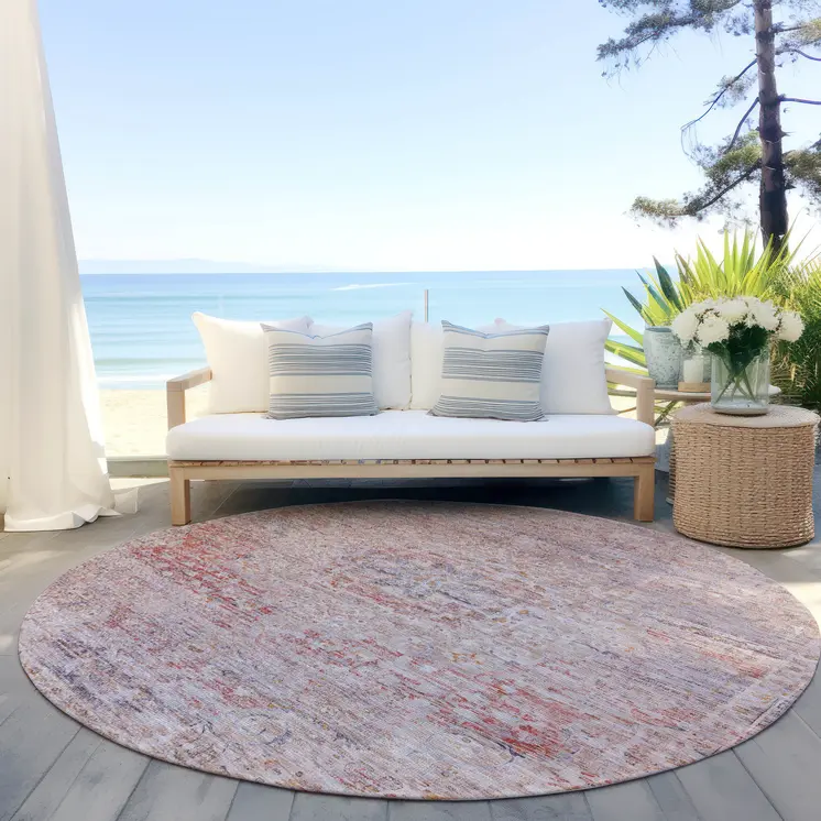 8' Terra Cotta And Beige Round Medallion Washable Indoor Outdoor Area Rug