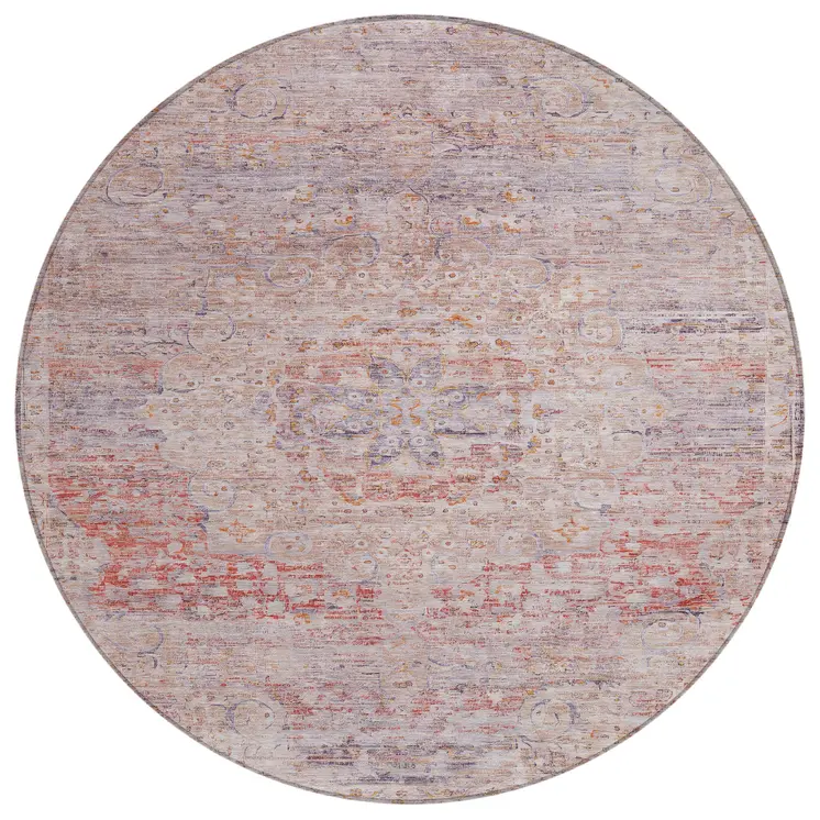 8' Terra Cotta And Beige Round Medallion Washable Indoor Outdoor Area Rug
