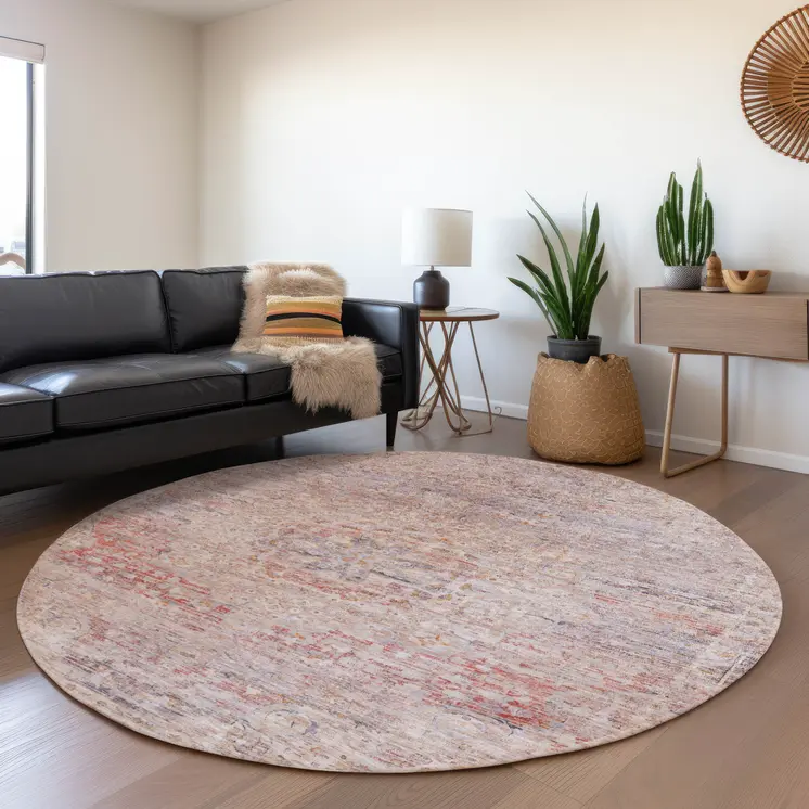 8' Terra Cotta And Beige Round Medallion Washable Indoor Outdoor Area Rug