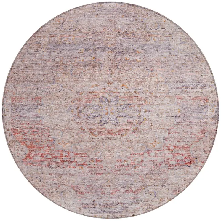 8' Terra Cotta And Beige Round Medallion Washable Indoor Outdoor Area Rug