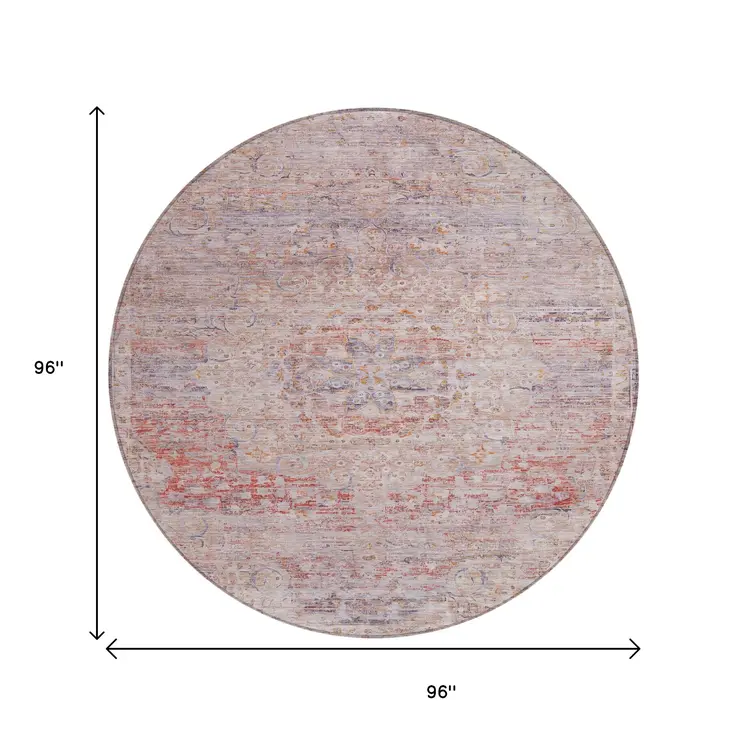 8' Terra Cotta And Beige Round Medallion Washable Indoor Outdoor Area Rug