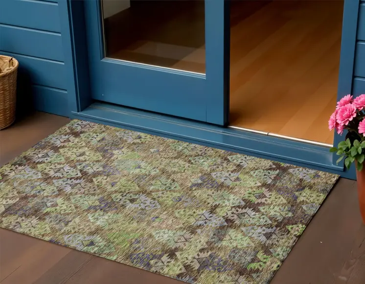 3' X 5' Brown Green And Blue Aztec Washable Indoor Outdoor Area Rug