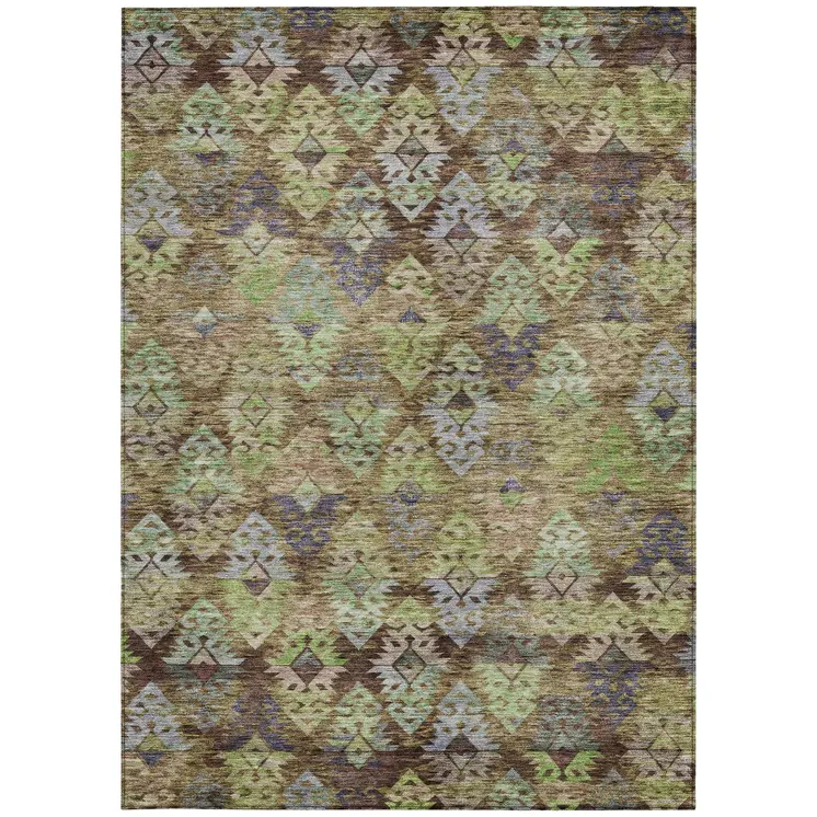 5' X 8' Brown Green And Blue Aztec Washable Indoor Outdoor Area Rug