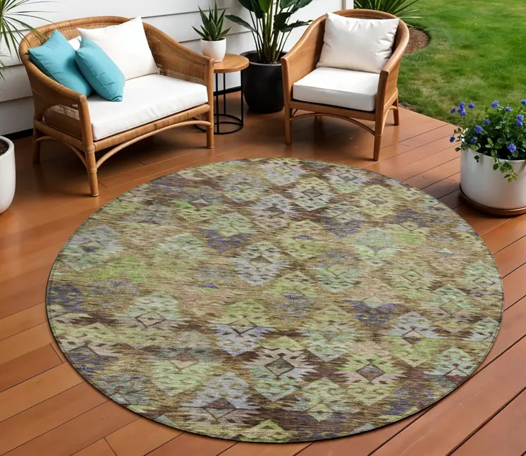 8' Brown Green And Blue Round Aztec Washable Indoor Outdoor Area Rug