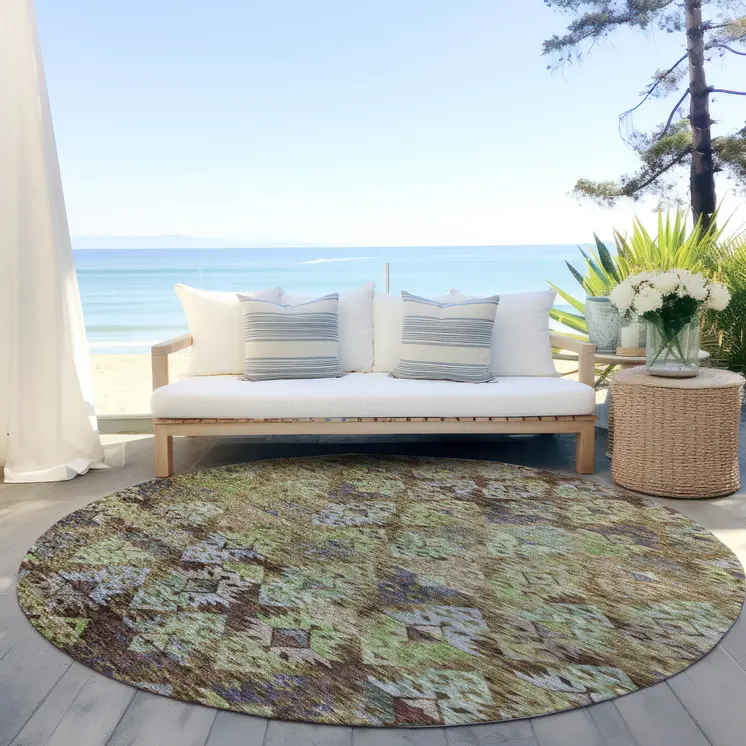 8' Brown Green And Blue Round Aztec Washable Indoor Outdoor Area Rug