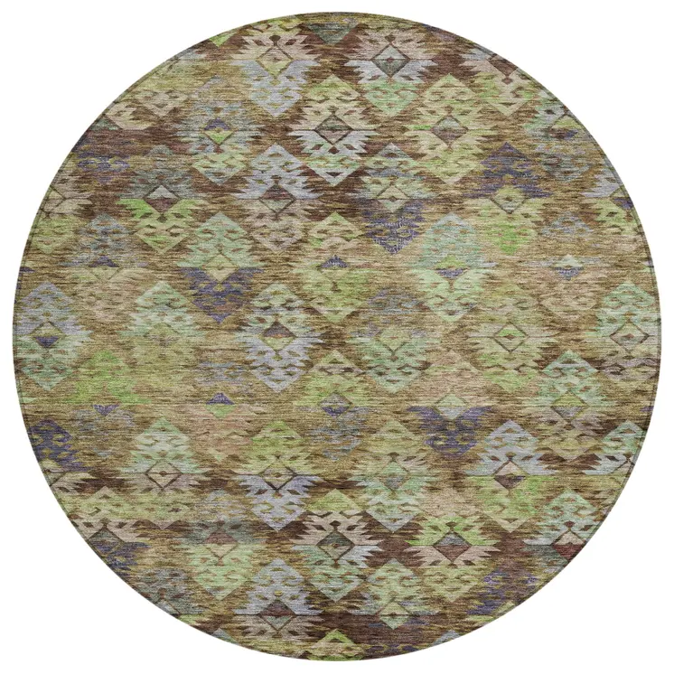 8' Brown Green And Blue Round Aztec Washable Indoor Outdoor Area Rug
