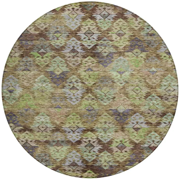 8' Brown Green And Blue Round Aztec Washable Indoor Outdoor Area Rug