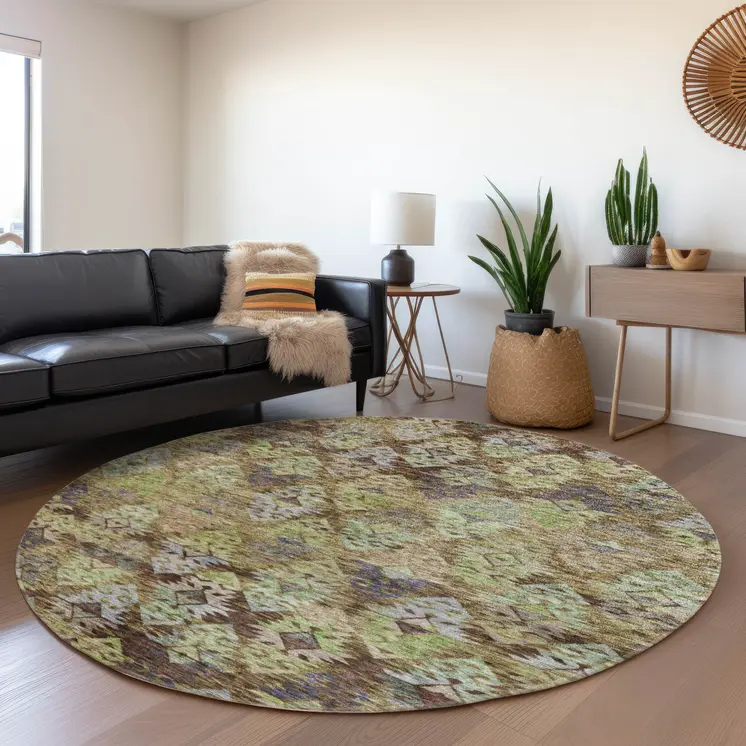 8' Brown Green And Blue Round Aztec Washable Indoor Outdoor Area Rug