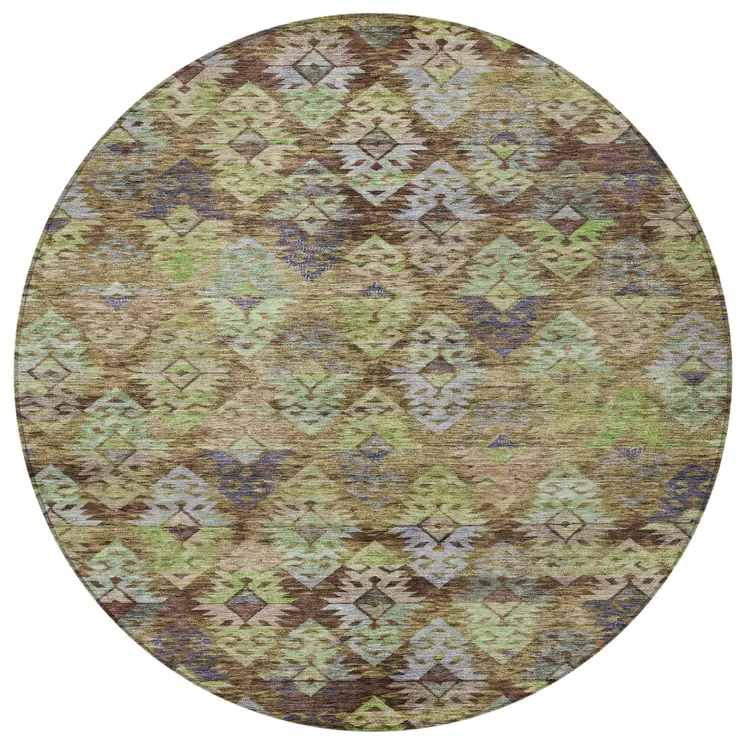 8' Brown Green And Blue Round Aztec Washable Indoor Outdoor Area Rug