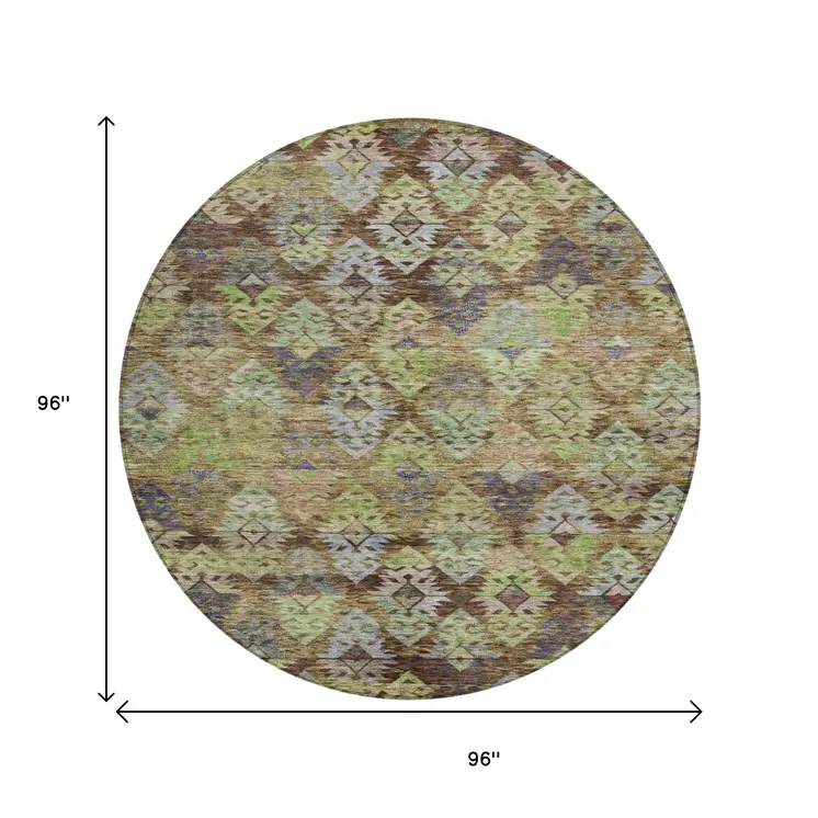 8' Brown Green And Blue Round Aztec Washable Indoor Outdoor Area Rug