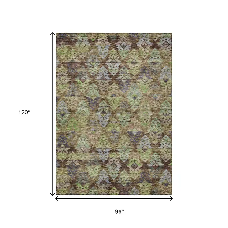 8' X 10' Brown Green And Blue Aztec Washable Indoor Outdoor Area Rug