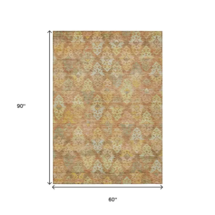 5' X 8' Copper Beige And Gold Aztec Washable Indoor Outdoor Area Rug