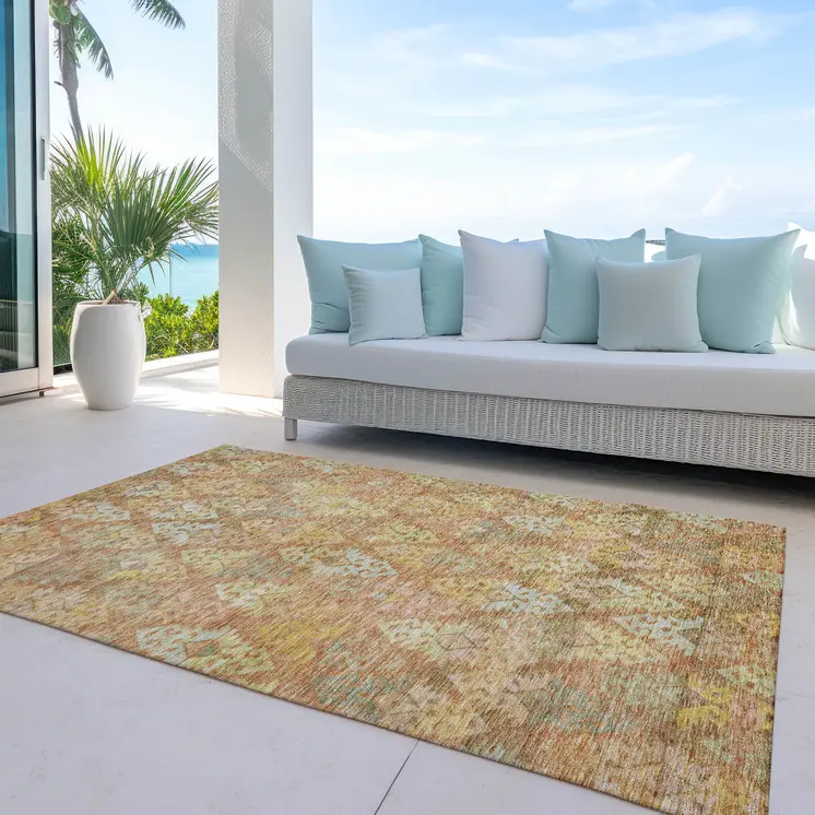 8' X 10' Copper Beige And Gold Aztec Washable Indoor Outdoor Area Rug