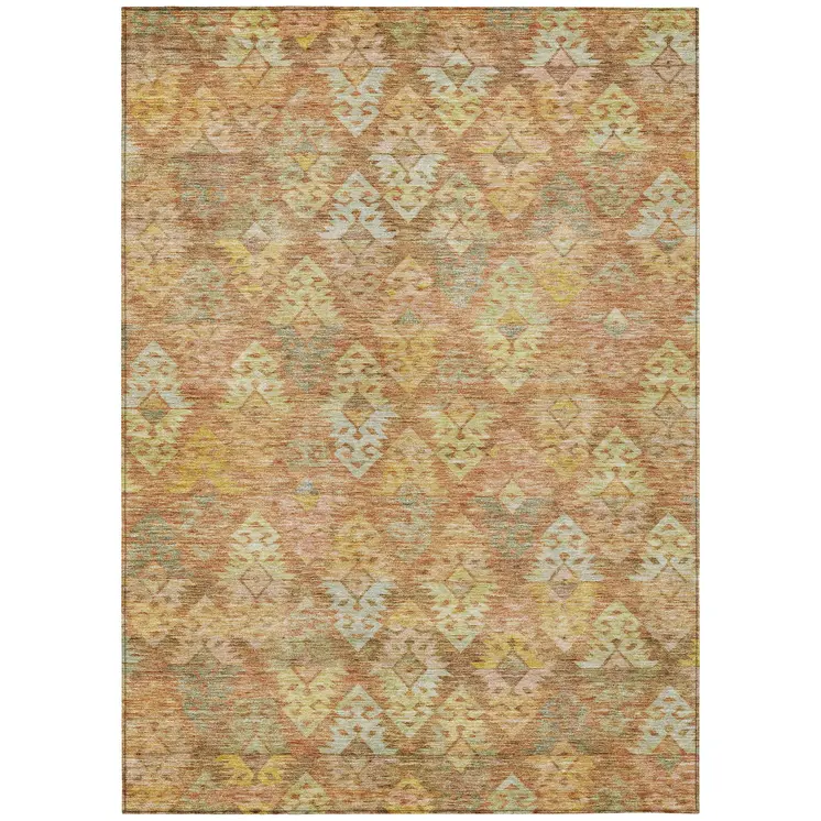 8' X 10' Copper Beige And Gold Aztec Washable Indoor Outdoor Area Rug