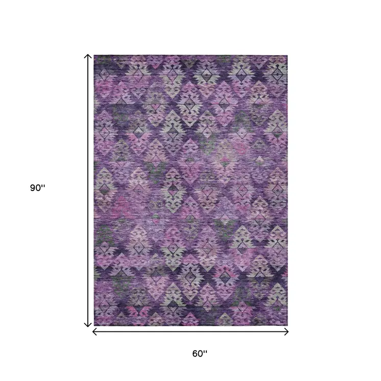 5' X 8' Eggplant Plum And Lavender Aztec Washable Indoor Outdoor Area Rug