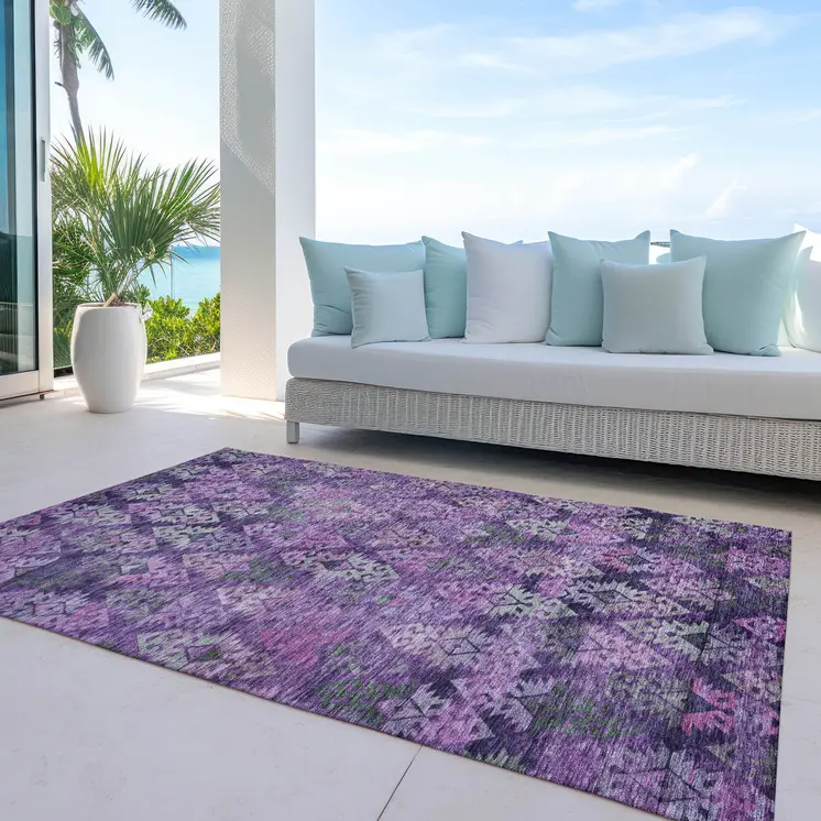 5' X 8' Eggplant Plum And Lavender Aztec Washable Indoor Outdoor Area Rug
