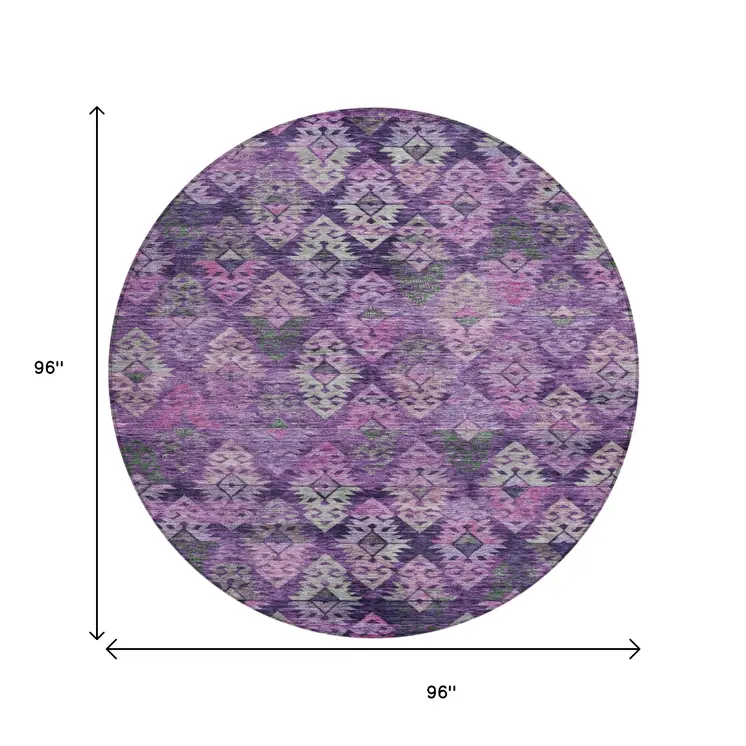 8' Eggplant Plum And Lavender Round Aztec Washable Indoor Outdoor Area Rug