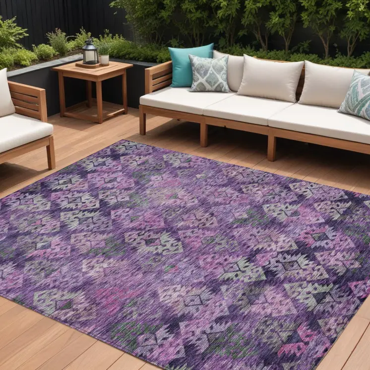 8' X 10' Eggplant Plum And Lavender Aztec Washable Indoor Outdoor Area Rug
