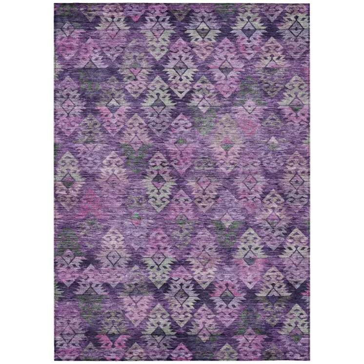 8' X 10' Eggplant Plum And Lavender Aztec Washable Indoor Outdoor Area Rug