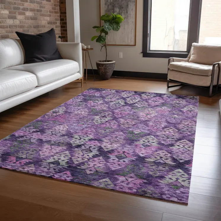 8' X 10' Eggplant Plum And Lavender Aztec Washable Indoor Outdoor Area Rug