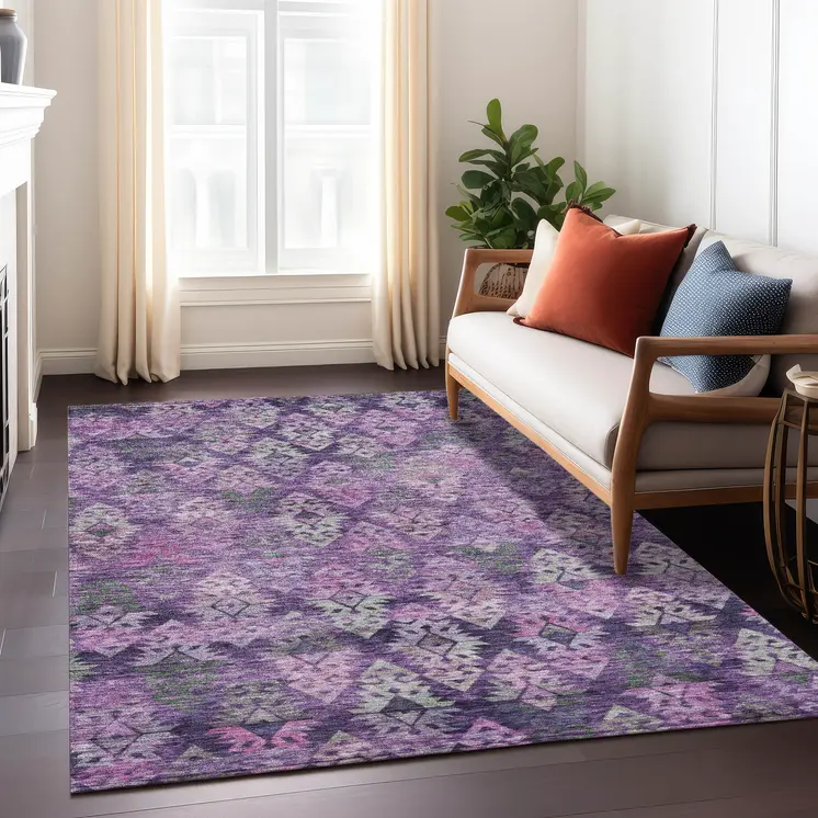 8' X 10' Eggplant Plum And Lavender Aztec Washable Indoor Outdoor Area Rug
