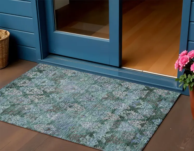 3' X 5' Emerald Green And Gray Aztec Washable Indoor Outdoor Area Rug