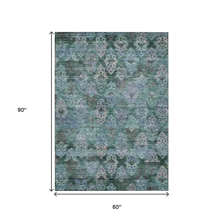5' X 8' Emerald Green And Gray Aztec Washable Indoor Outdoor Area Rug