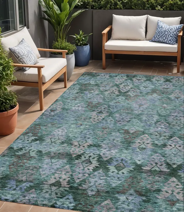 5' X 8' Emerald Green And Gray Aztec Washable Indoor Outdoor Area Rug
