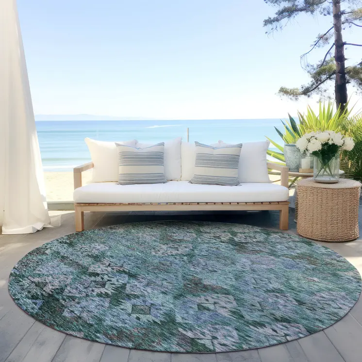8' Emerald Green And Gray Round Aztec Washable Indoor Outdoor Area Rug