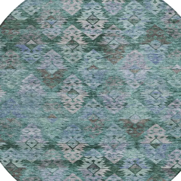 8' Emerald Green And Gray Round Aztec Washable Indoor Outdoor Area Rug