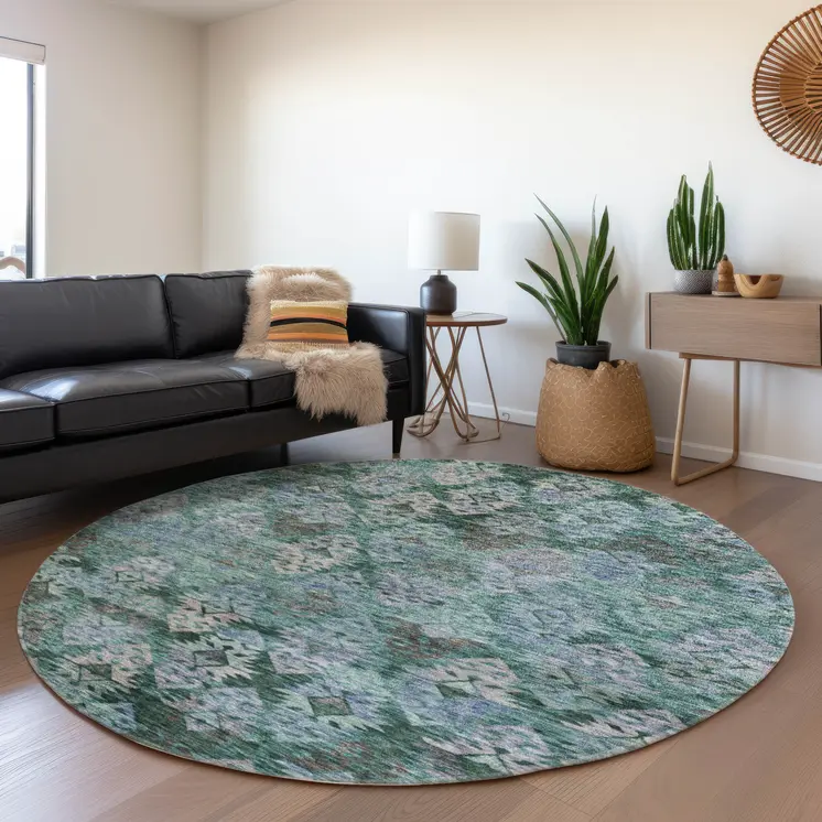 8' Emerald Green And Gray Round Aztec Washable Indoor Outdoor Area Rug
