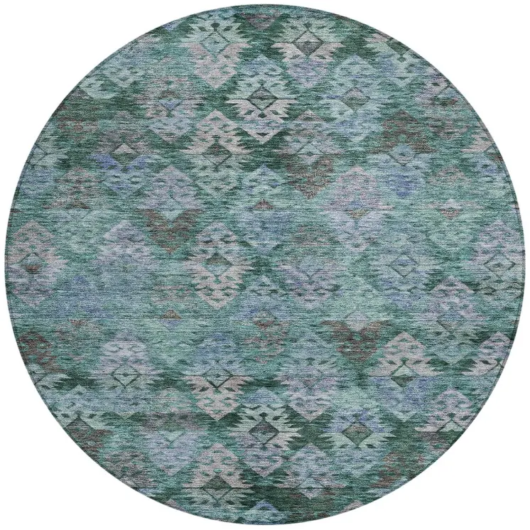 8' Emerald Green And Gray Round Aztec Washable Indoor Outdoor Area Rug