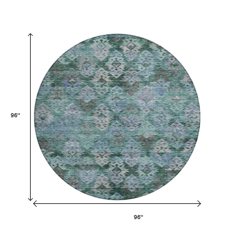 8' Emerald Green And Gray Round Aztec Washable Indoor Outdoor Area Rug