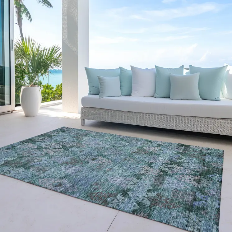 8' X 10' Emerald Green And Gray Aztec Washable Indoor Outdoor Area Rug