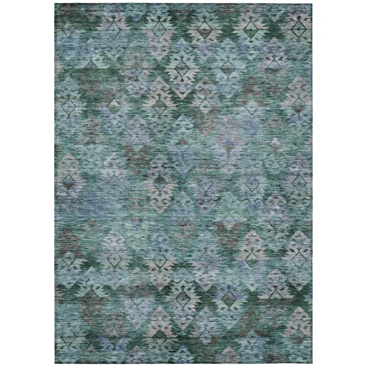 8' X 10' Emerald Green And Gray Aztec Washable Indoor Outdoor Area Rug